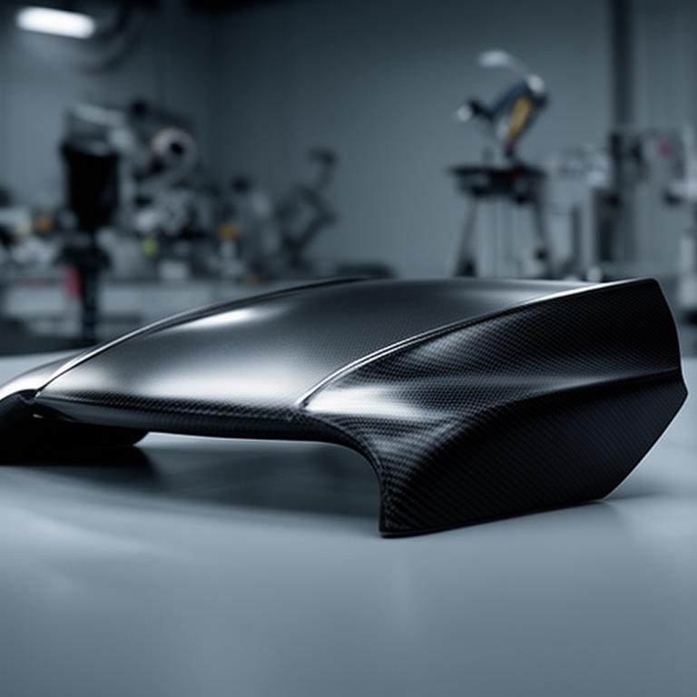 Prototipo aerodinámico de fibra de carbono en estudio, con líneas limpias y ambiente de ingeniería