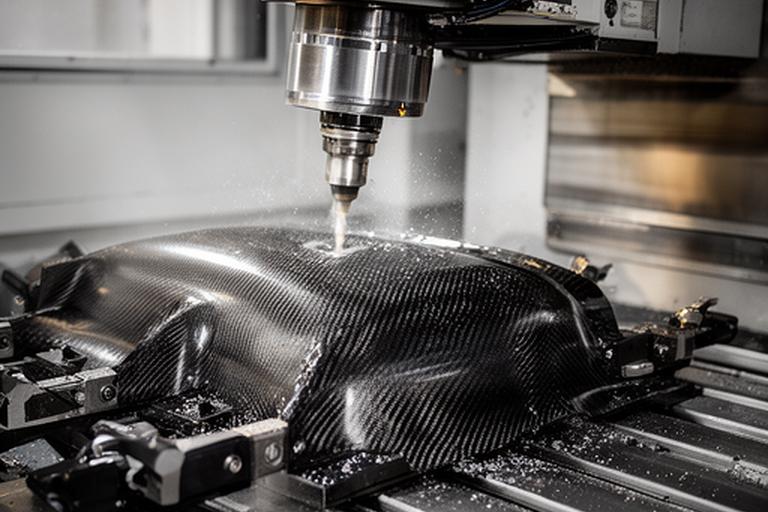 Centro de mecanizado CNC de cinco ejes trabajando una pieza de fibra de carbono con precisión