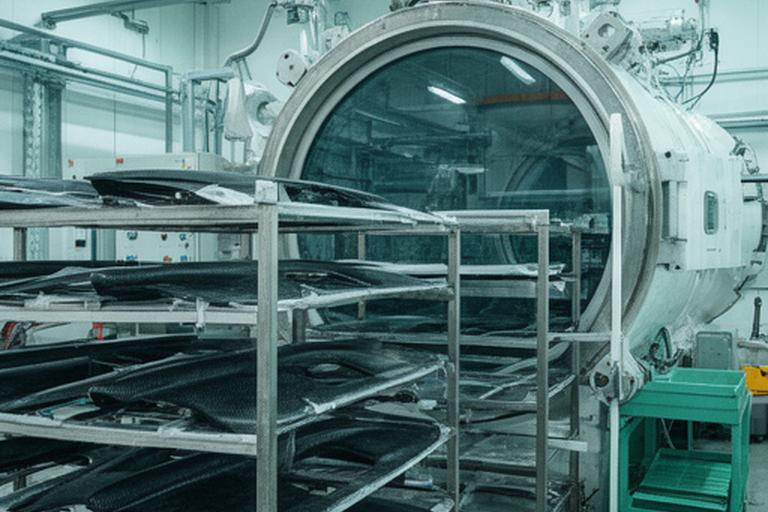 Autoclave industrial con paneles de control y racks de piezas de composite en curado